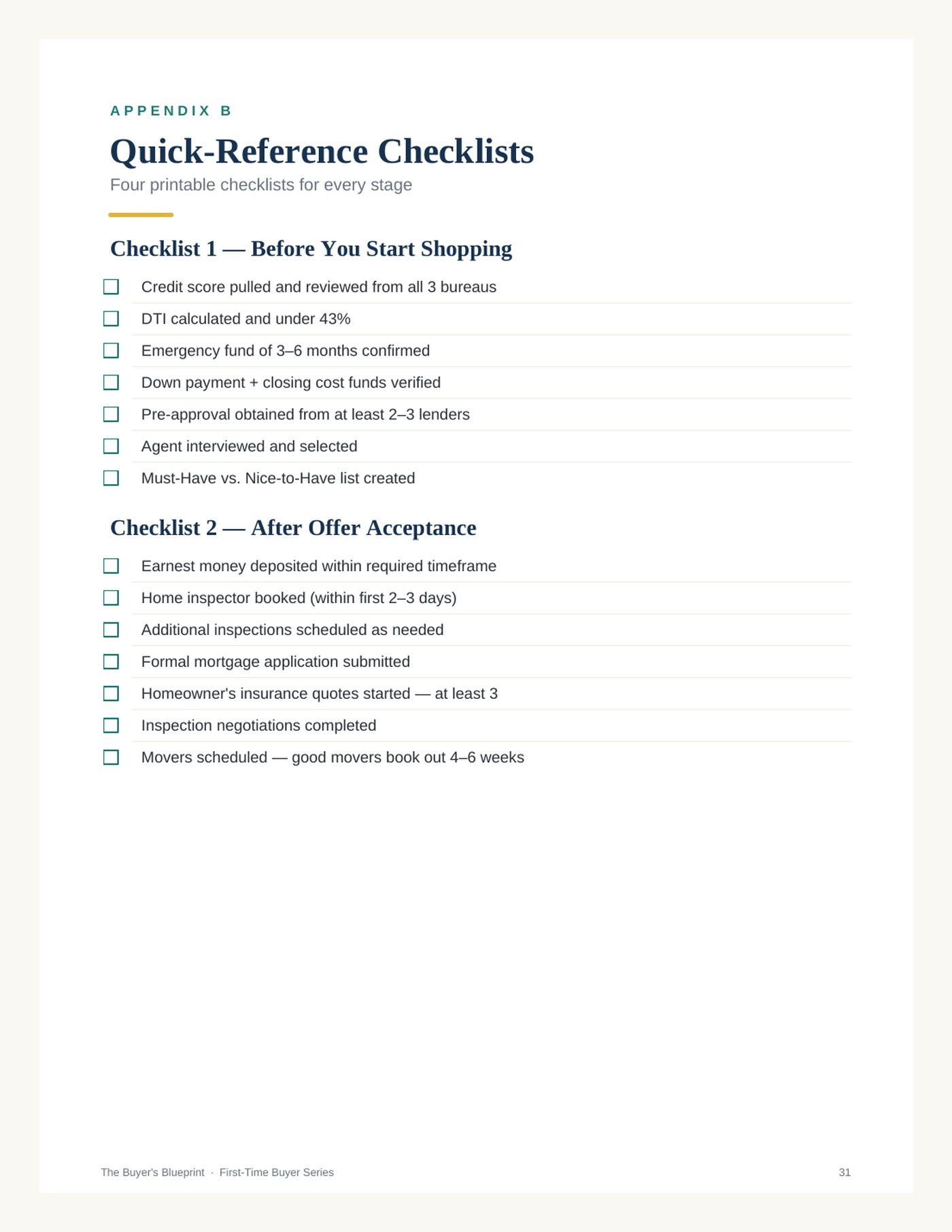 Quick-reference checklists from the Buyer's Blueprint guide