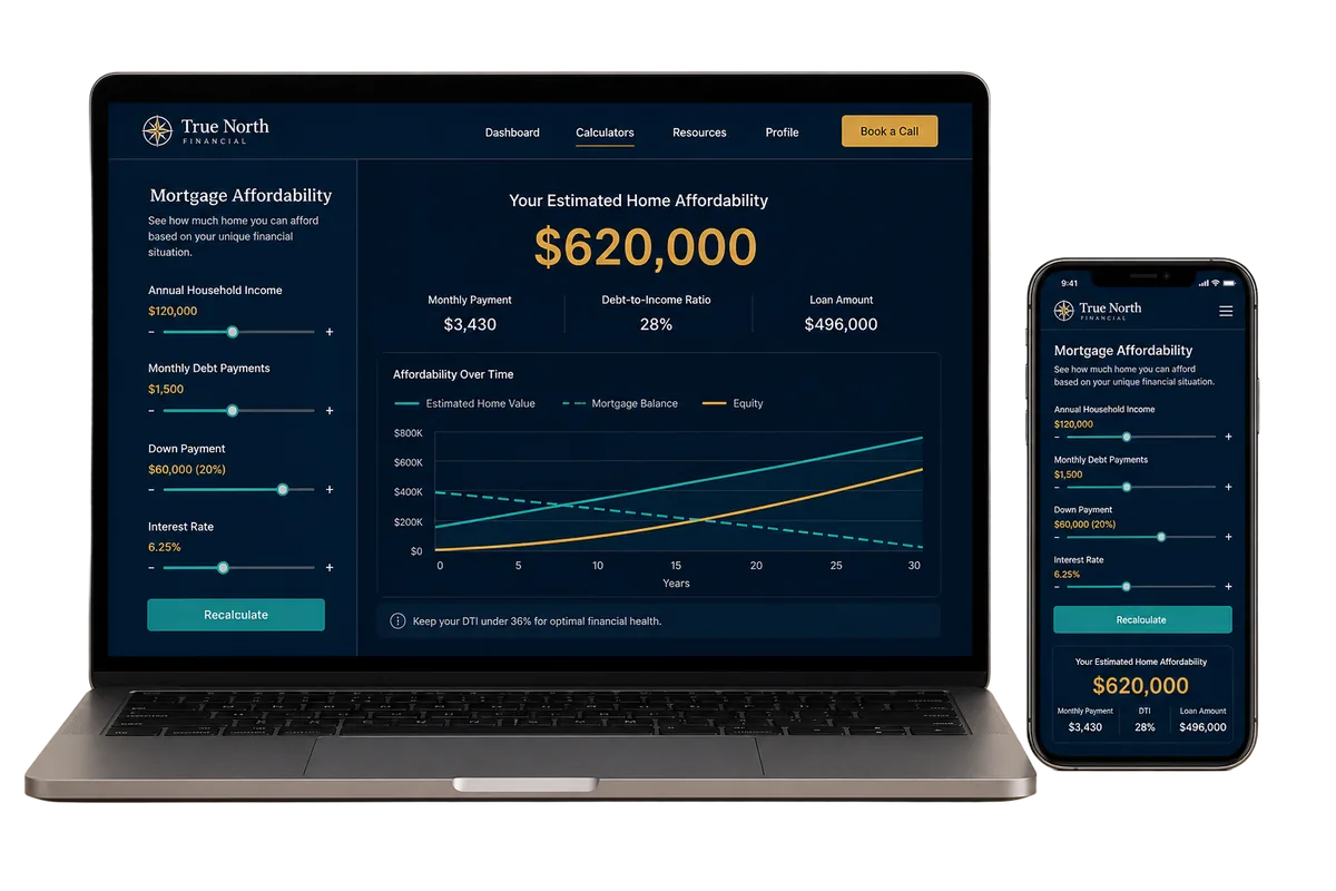 The Buyers Blueprint mortgage calculators shown on a laptop and a phone